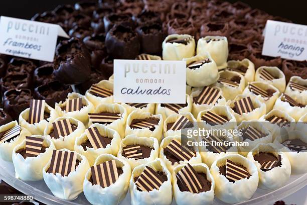 Puccini Bomboni chocolate shop selling exotic Calvados liqueur flavour chocolates in stylish display as treats, Amsterdam, the Netherlands.
