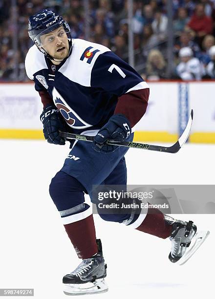 John Mitchell of the Colorado Avalanche plays in the game against the San Jose Sharks at the Pepsi Center on November 1, 2015 in Denver, Colorado.