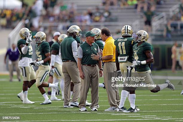 Interim head coach Jim Grobe of the Baylor Bears before a game against the Northwestern State Demons at McLane Stadium on September 2, 2016 in Waco,...