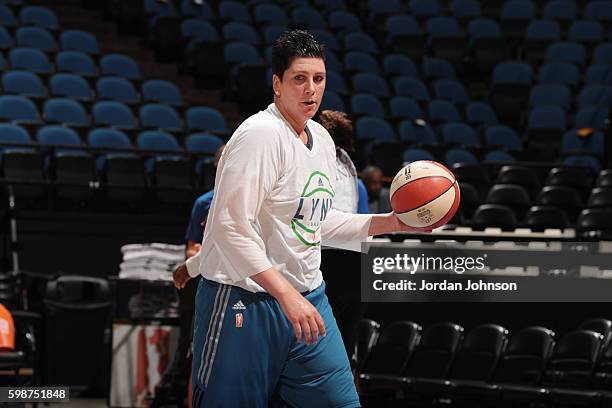 Janel McCarville of the Minnesota Lynx handles the ball during practice before the game against the Washington Mystics on September 2, 2016 at Target...