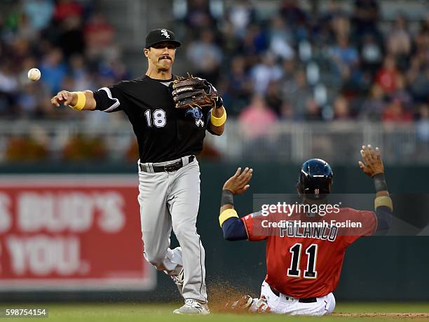 Jorge Polanco of the Minnesota Twins is out at second base as Tyler Saladino of the Chicago White Sox turns a double play during the first inning of...