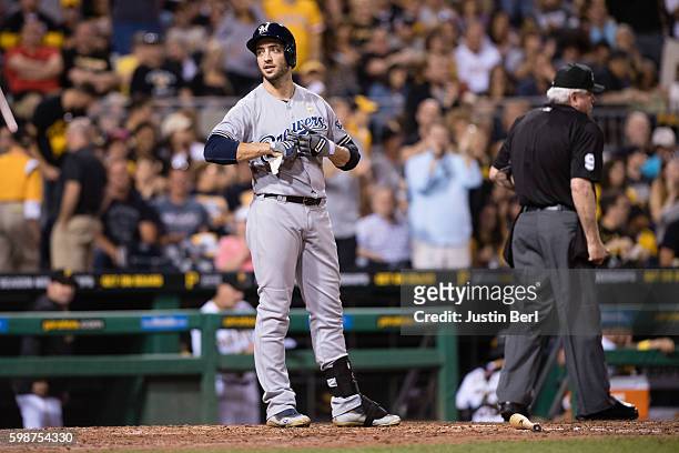 Ryan Braun of the Milwaukee Brewers reacts after striking out to end the sixth inning during the game against the Pittsburgh Pirates at PNC Park on...