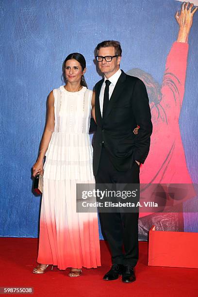 Colin Firth and Livia Giuggioli attend the premiere of 'Franca: Chaos And Creation' during the 73rd Venice Film Festival at Sala Giardino on...