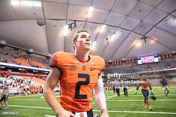 Quarterback Eric Dungey of the Syracuse Orange leaves the field after the game against the Colgate Raiders on September 2, 2016 at The Carrier Dome...