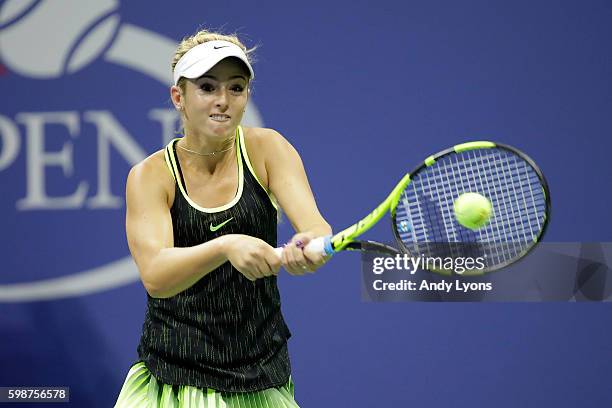 Catherine Bellis of USA plays a backhand during her third round match against Angelique Kerber of Germany on Day Five of the 2016 US Open at the USTA...