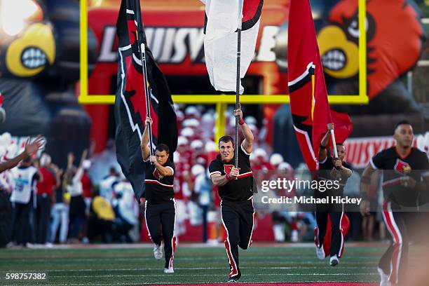 Louisville Cardinals cheerleaders seen during the game against the Charlotte 49ers at Papa John's Cardinal Stadium on September 1, 2016 in...