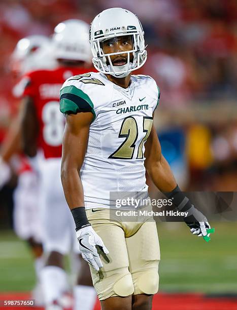 Terrance Winchester of the Charlotte 49ers is seen during the game against the Louisville Cardinals at Papa John's Cardinal Stadium on September 1,...