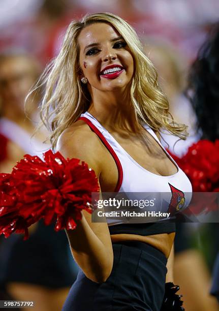 Louisville Cardinals cheerleaders seen during the game against the Charlotte 49ers at Papa John's Cardinal Stadium on September 1, 2016 in...