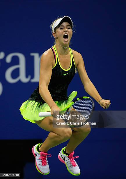 Catherine Bellis of USA reacts to a point during her third round match against Angelique Kerber of Germany on Day Five of the 2016 US Open at the...