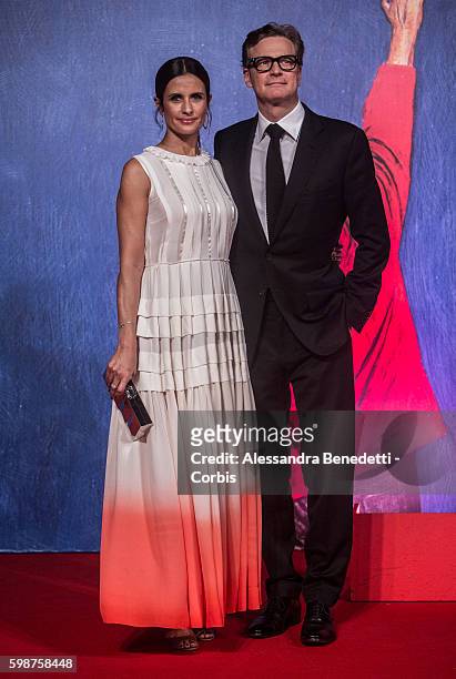 Colin Firth and Livia Giuggioli attend the premiere of FRANCA : Chaos and Creation during the 73rd Venice Film Festival on September 2, 2016 in...