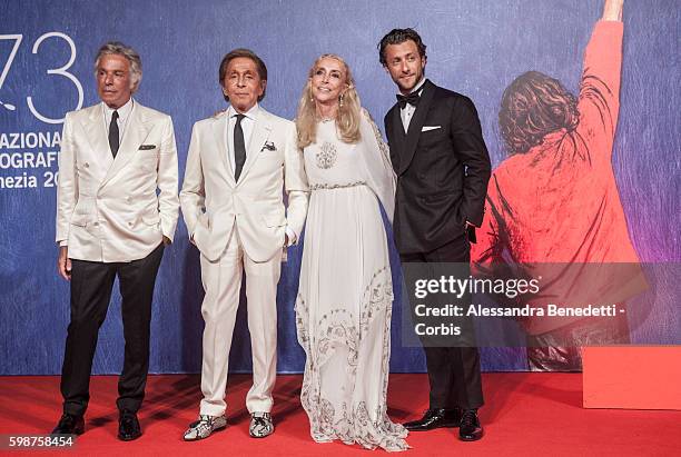 Giancarlo Giammetti, Valentino Garavani, Franca Sozzani and Francesco Carrozzini attend the premiere of FRANCA : Chaos and Creation during the 73rd...