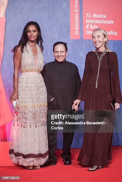 Rula Jebreal, Azzedine Alaia and Carla Sozzani attend the premiere of FRANCA : Chaos and Creation during the 73rd Venice Film Festival on September...