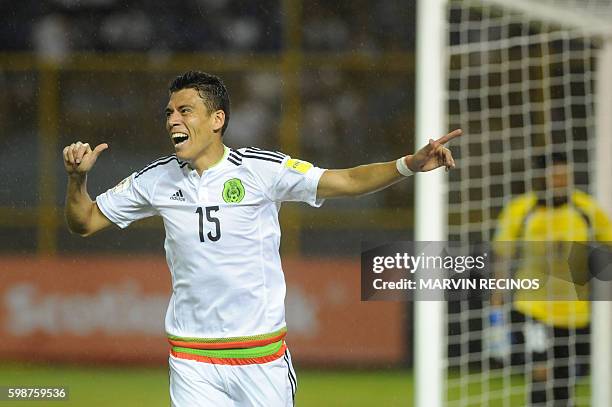 Mexico's Hector Moreno celebrates after scoring against El Salvador during their Russia 2018 FIFA World Cup Concacaf Qualifiers football match, at...