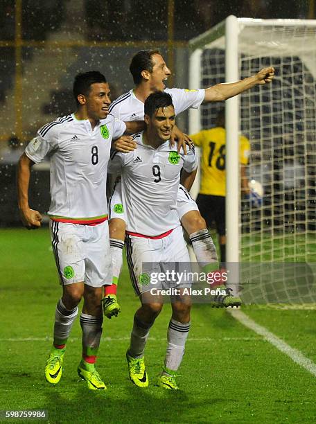 Raul Jimenez of Mexico celebrates after scoring the third goal of his team during a match between El Salvador and Mexico as part of FIFA 2018 World...