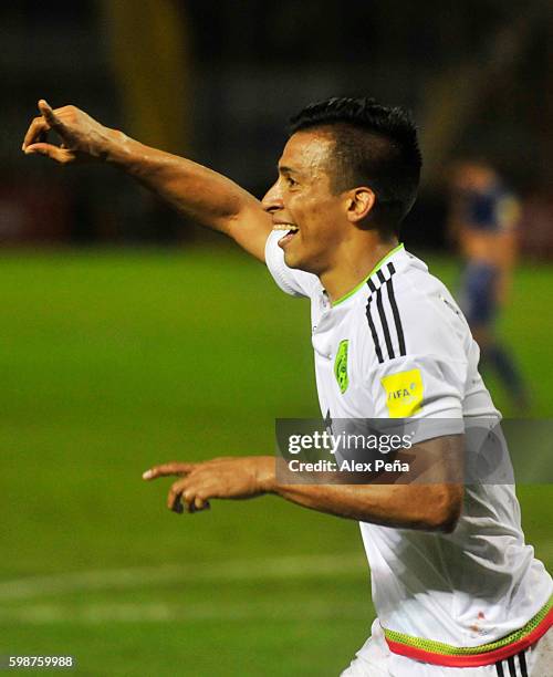 Angel Sepulveda of Mexico celebrates after scoring the second goal of his team during a match between El Salvador and Mexico as part of FIFA 2018...