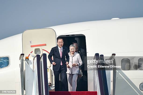 Secretary-General Ban Ki-moon and his wife Yoo Soon-taek arrive in Hangzhou to attend to G20 Hangzhou Summit on September 3, 2016 in Hangzhou, China.
