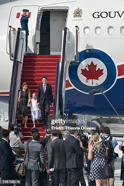 Prime Minister Justin Trudeau of Canada, his wife Sophie Gregoire Trudeau and their daughter arrive in Hangzhou to attend to the G20 Leader Summit on...
