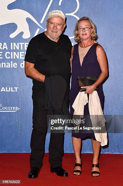 Peter Lindbergh and Petra Sedlaczek attend the premiere of 'Franca: Chaos And Creation' during the 73rd Venice Film Festival at Sala Giardino on...