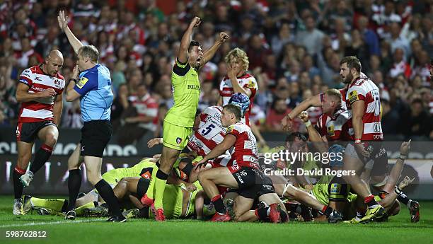 Ben Youngs of Leicester celebrates as Leicester Tigers score a last minute match winning push over try during the Aviva Premiership match between...