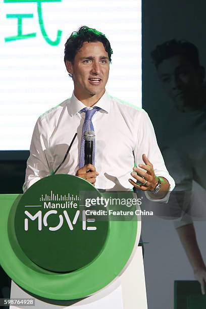 Canadian Prime Minister Justin Trudeau, center, attends the launch ceremony of Move program of Manulife, on September 02, 2016 in Shanghai, China....