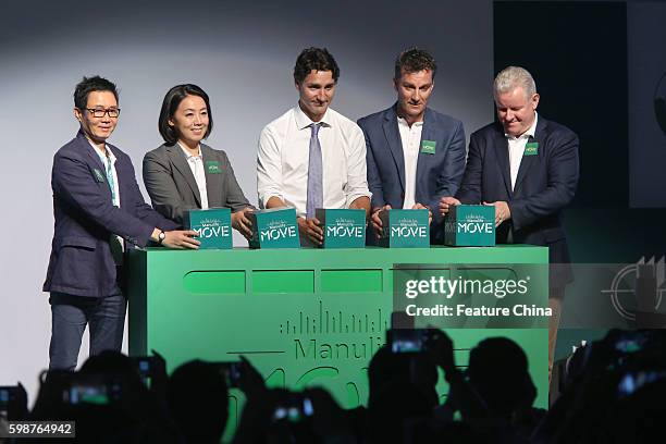 Canadian Prime Minister Justin Trudeau, center, attends the launch ceremony of Move program of Manulife, on September 02, 2016 in Shanghai, China....