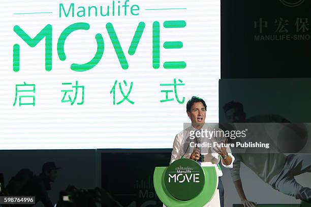 Canadian Prime Minister Justin Trudeau, center, attends the launch ceremony of Move program of Manulife, on September 02, 2016 in Shanghai, China....
