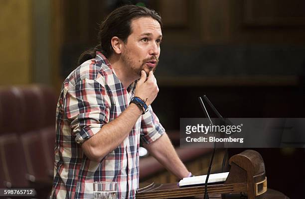 Pablo Iglesias, leader of Podemos, speaks at the parliament in Madrid, Spain, on Friday, Sept. 2, 2016. Acting Prime Minister Mariano Rajoy lost a...
