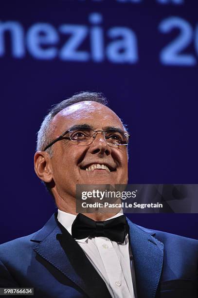 Alberto Barbera speaks at the Persol tribute to Visionary Talent Award 2016 at the premiere of 'The Bleeder' during the 73rd Venice Film Festival at...