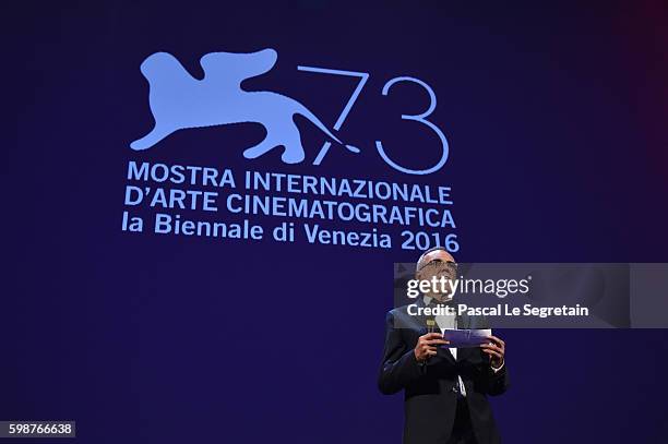 Alberto Barbera speaks at the Persol tribute to Visionary Talent Award 2016 at the premiere of 'The Bleeder' during the 73rd Venice Film Festival at...