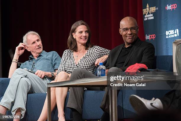 Rene Auberjonois, Terry Farrell and Michael Dorn speak onstage at the Star Trek Mission: New York at The Jacob K. Javits Convention Center on...