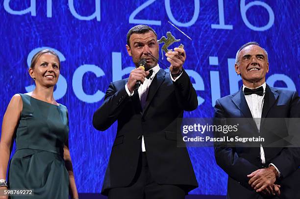 Liev Schreiber is awarded by president of the festival Alberto Barbera with the Persol tribute to Visionary Talent Award 2016 at the premiere of 'The...