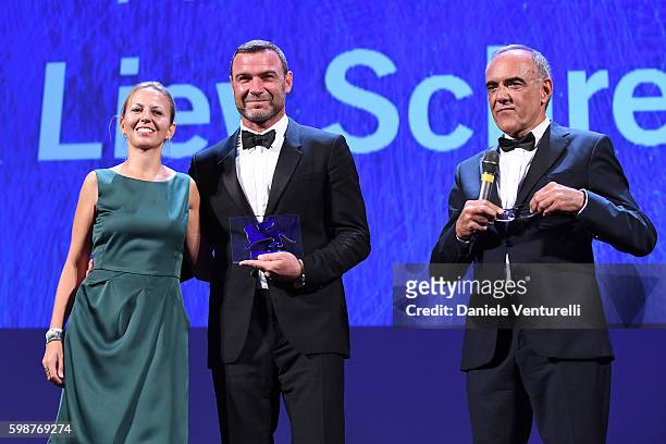 Liev Schreiber is awarded by president of the festival Alberto Barbera with the Persol tribute to Visionary Talent Award 2016 at the premiere of 'The...