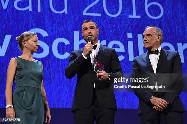 Liev Schreiber is awarded by president of the festival Alberto Barbera with the Persol tribute to Visionary Talent Award 2016 at the premiere of 'The...