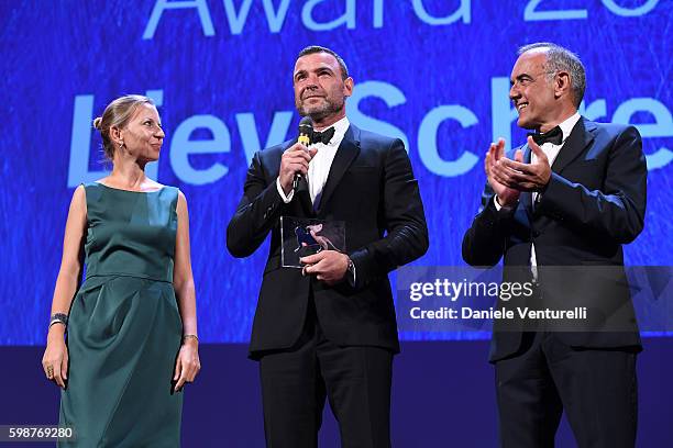 Liev Schreiber is awarded by president of the festival Alberto Barbera with the Persol tribute to Visionary Talent Award 2016 at the premiere of 'The...