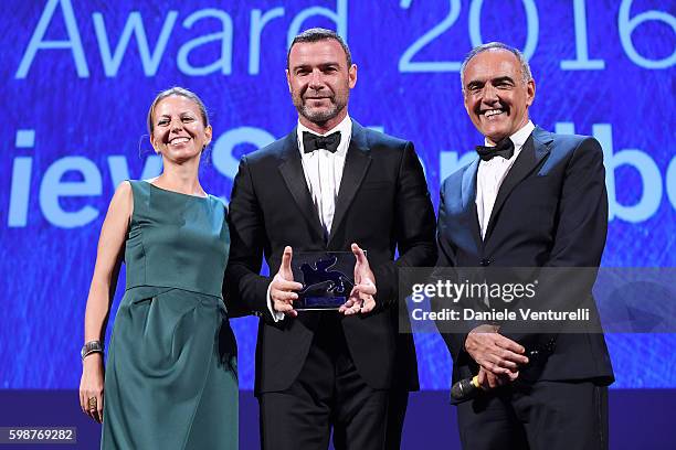 Liev Schreiber is awarded by president of the festival Alberto Barbera with the Persol tribute to Visionary Talent Award 2016 at the premiere of 'The...