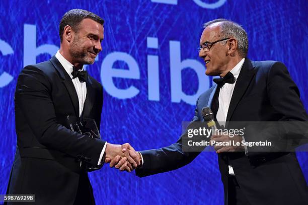 Liev Schreiber is awarded by president of the festival Alberto Barbera with the Persol tribute to Visionary Talent Award 2016 at the premiere of 'The...