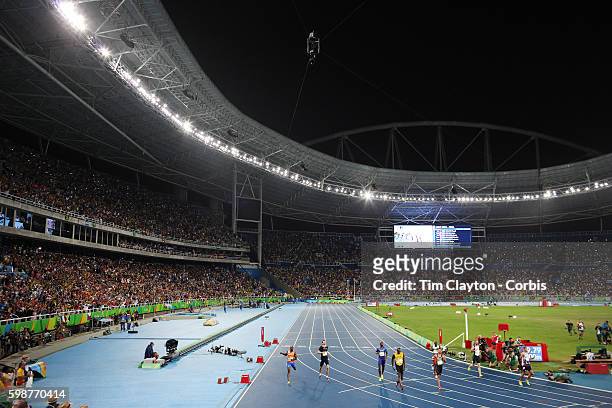 Day 13 A panoramic view of Usain Bolt of Jamaica winning the gold medal in the Men's 200m Final with Andre De Grasse of Canada winning the silver...