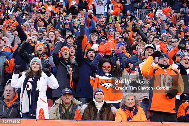 Denver Broncos fans react during the Denver Broncos vs Pittsburgh Steelers, NFL Divisional Round match at Authority Field at Mile High, Denver,...