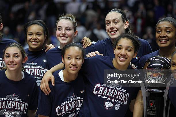 Breanna Stewart, ), and Katie Lou Samuelson with team mates at the trophy presentation during the UConn Huskies Vs USF Bulls 2016 American Athletic...