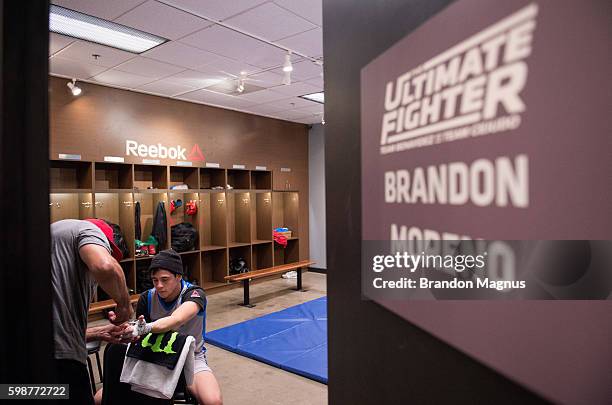 Brandon Moreno gets his hands wrapped before facing Alexandre Pantoja during the filming of The Ultimate Fighter: Team Benavidez vs Team Cejudo at...