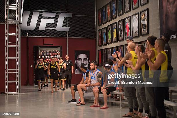 Kai Kara-France prepares to enter the Octagon before facing Terrence Mitchell during the filming of The Ultimate Fighter: Team Benavidez vs Team...