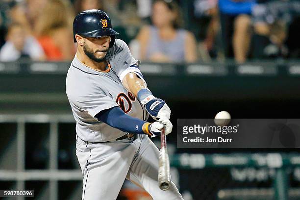 Mike Aviles of the Detroit Tigers flies out against the Chicago White Sox during the sixth inning at U.S. Cellular Field on July 21, 2016 in Chicago,...