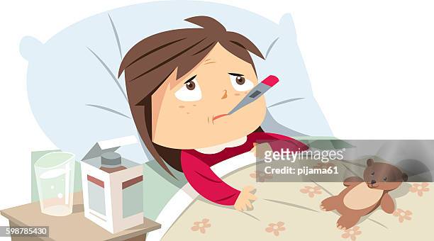 sick girl in bed - fever stock illustrations