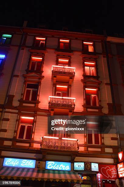 puff in elbestrasse, frankfurt red light district at night, germany - bordello stock pictures, royalty-free photos & images