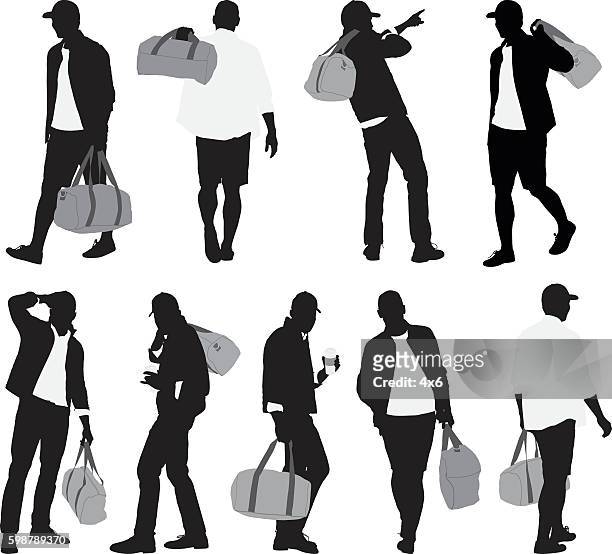 illustrazioni stock, clip art, cartoni animati e icone di tendenza di uomo che porta borsa da palestra e in varie azioni - carrying sports bag