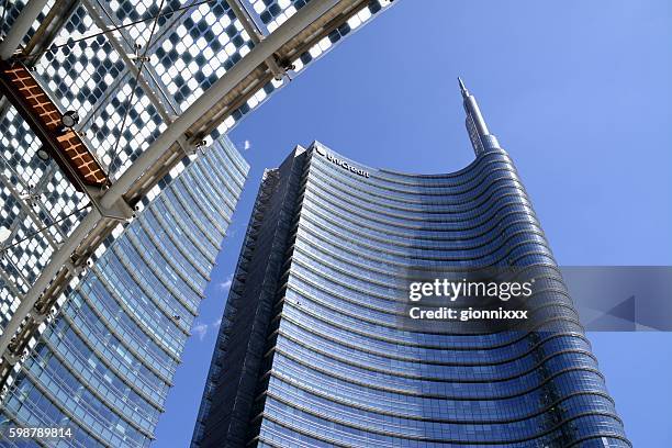 modern architectural details at unicredit tower, milano - unicredit stock pictures, royalty-free photos & images