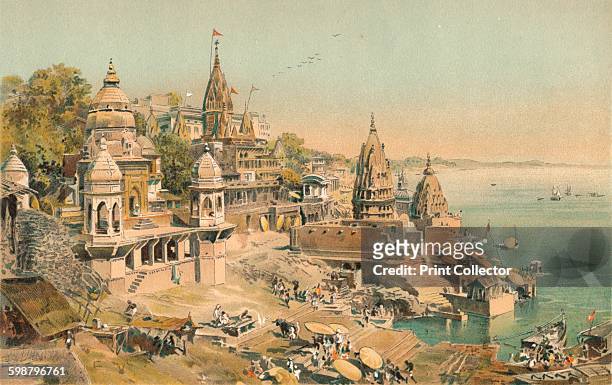 Benares on the Ganges . From The Worlds History, Volume II, by Dr. H. F. Helmolt [William Heinemann, London, 1904] Artist: Edward Theodore Compton.