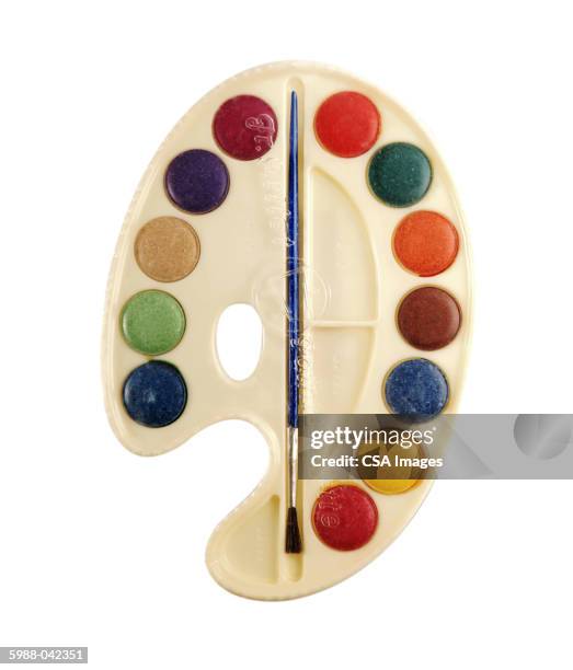 watercolor palette with brush - palet stockfoto's en -beelden