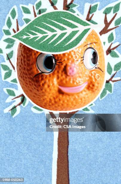 toy orange in tree - anthropomorphic face stock illustrations