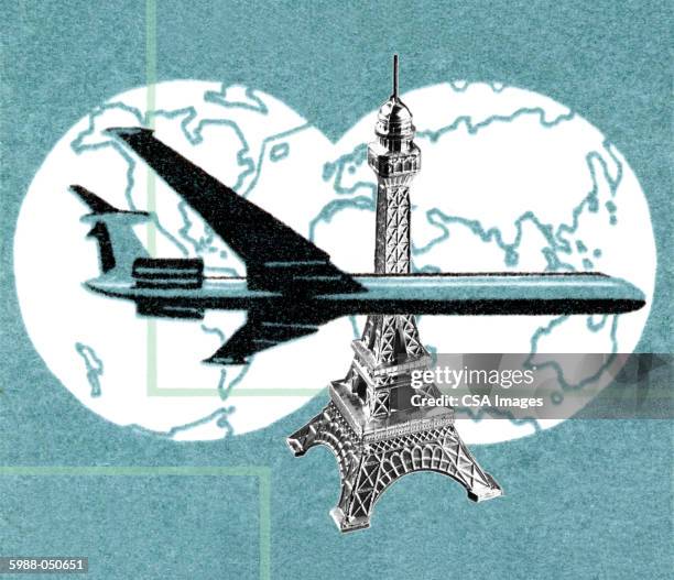 airplane, eiffel tower - spiked stock illustrations